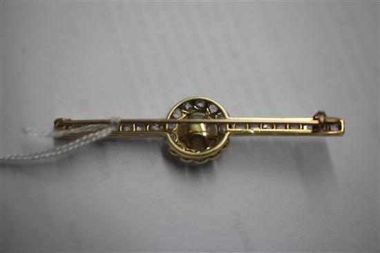 An early 20th century French 18ct gold, natural pearl and rose cut diamond cluster set bar brooch, 68mm.